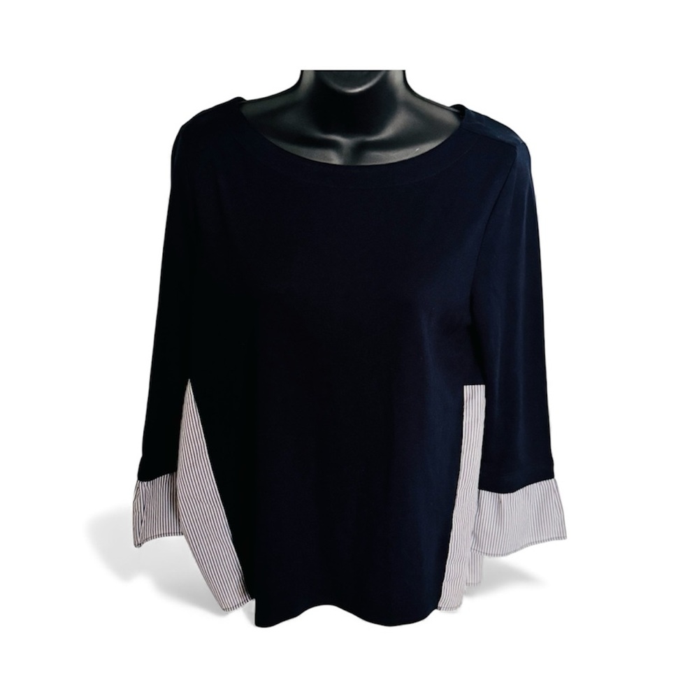 LOFT Dark Blue Blouse with Striped‎ Sleeves